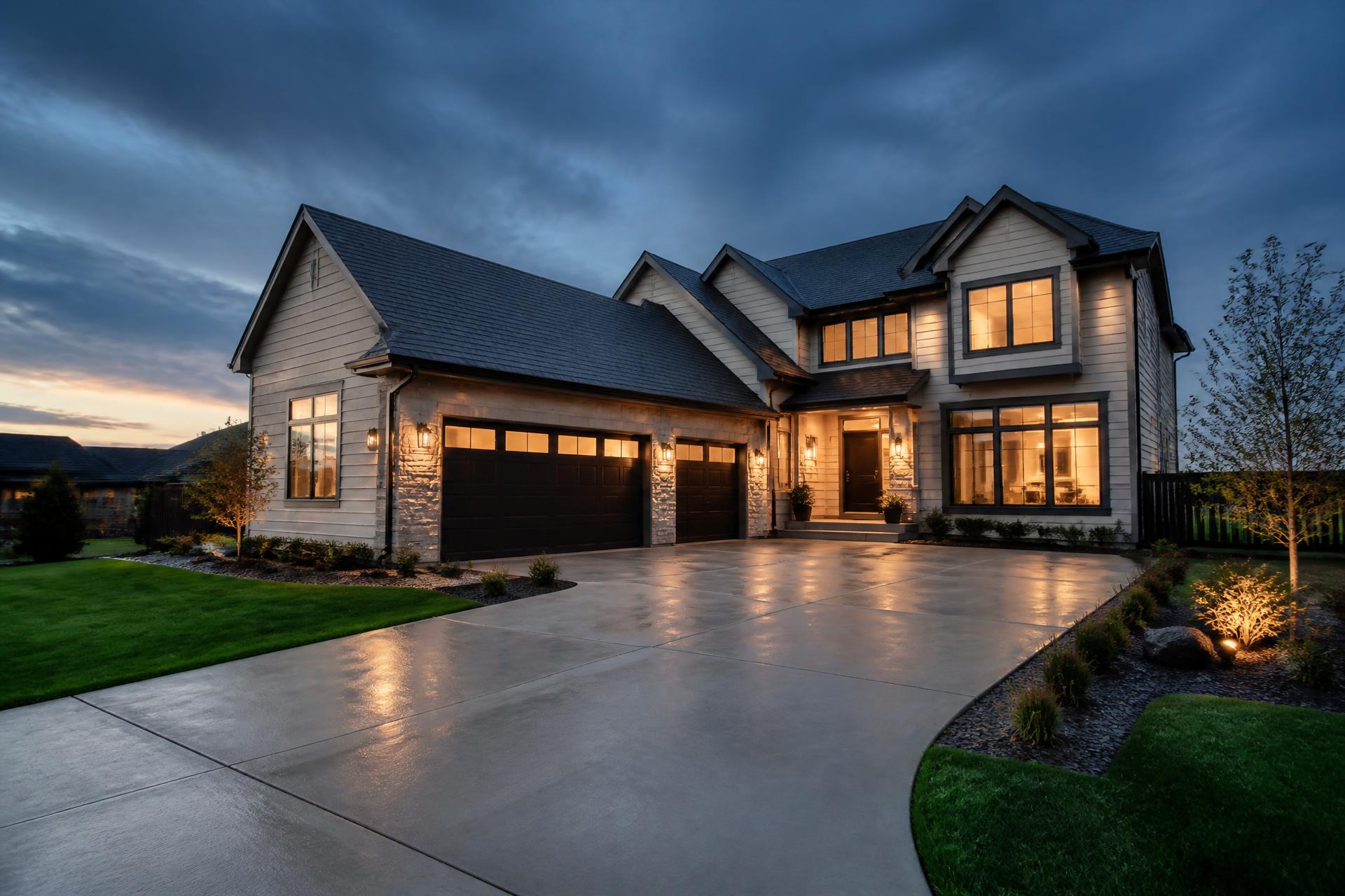 Modern home exterior at dusk with a freshly cleaned concrete driveway